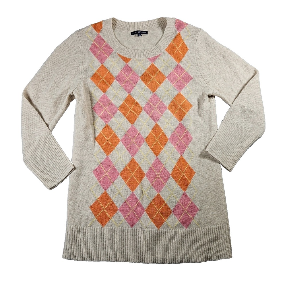 GAP Womens Y2k‎ Oatmeal Argyle Lambswool Blend Preppy Classic Sweater Sz L